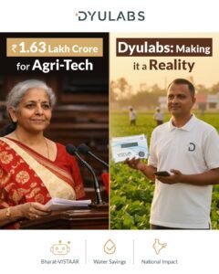 Satish Patel of Dyulabs and FM Nirmala Sitharaman representing the synergy between Digital Agri Policy 2026 and on-ground IoT hardware for farmers.